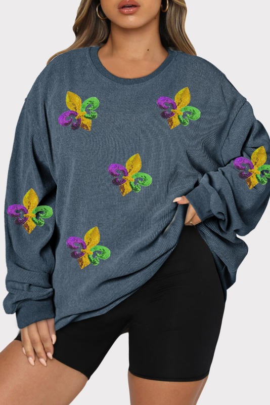 Blue Mardi Gras Fleur De Lis Graphic Plus Corded Sweatshirt