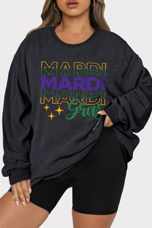 Black Plus Size Mardi Gras Fashion Graphic Corded Sweatsihirt