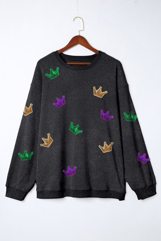 Black Sequin Crown Graphic Corded Mardi Gras Plus Sweatshirt