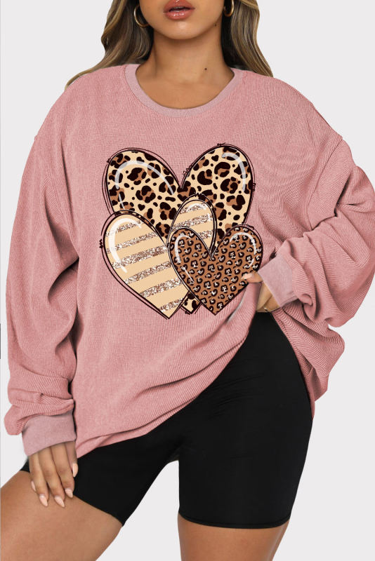 Pink Leopard Heart Shaped Print Corded Plus Size Sweatshirt