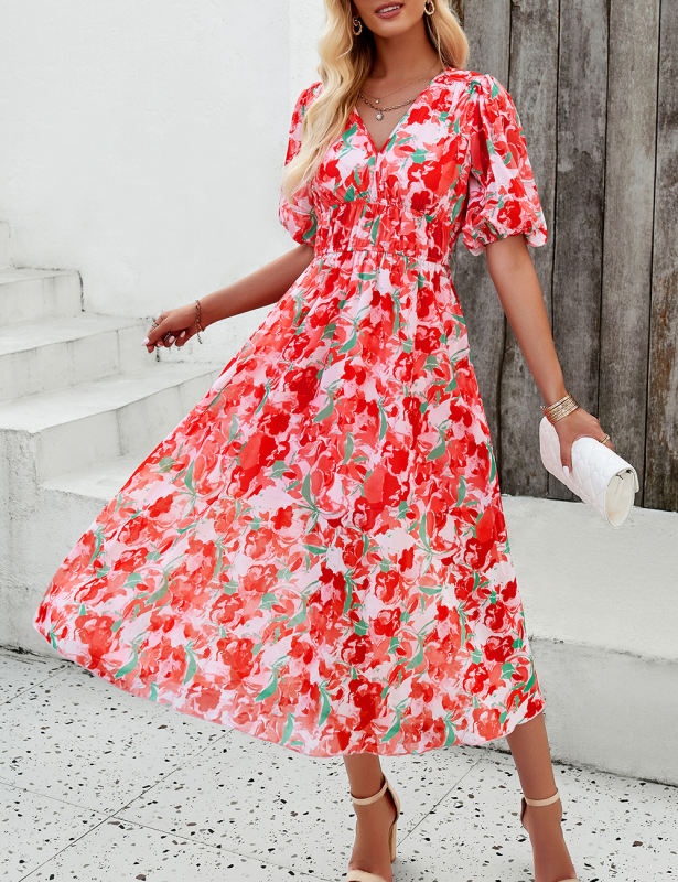 Red Abstract Print V Neck Maxi Dress