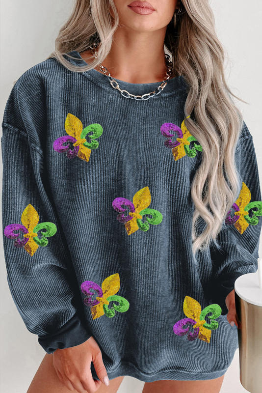 Blue Mardi Gras Fleur De Lis Graphic Plus Corded Sweatshirt