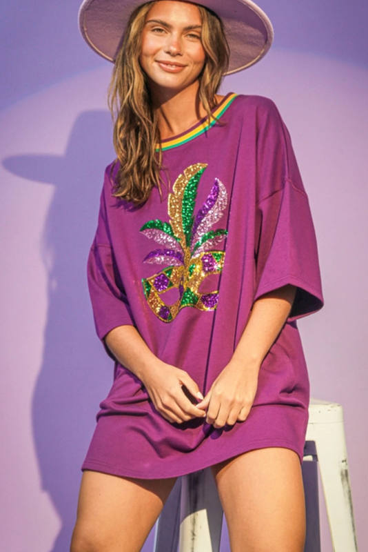 Violet Sequin Mask Graphic Colorblock Neck T-shirt Dress