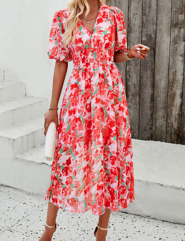 Red Abstract Print V Neck Maxi Dress