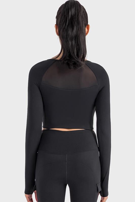 Black Square Neck Long Sleeve Padded Active Cropped Top