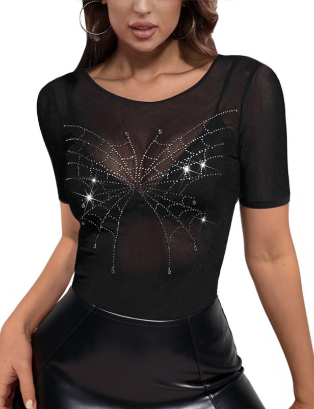 Black Spider Shape Rhinestones Short Sleeve Bodysuit