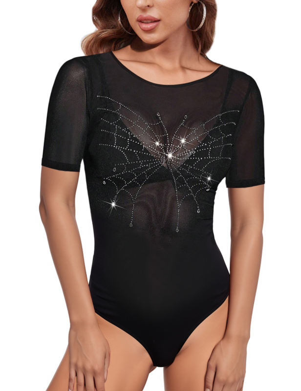 Black Spider Shape Rhinestones Short Sleeve Bodysuit