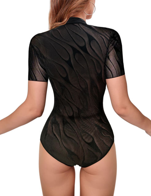 Black High Neck Sheer Mesh Short Sleeve Bodysuit
