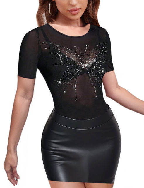 Black Spider Shape Rhinestones Short Sleeve Bodysuit