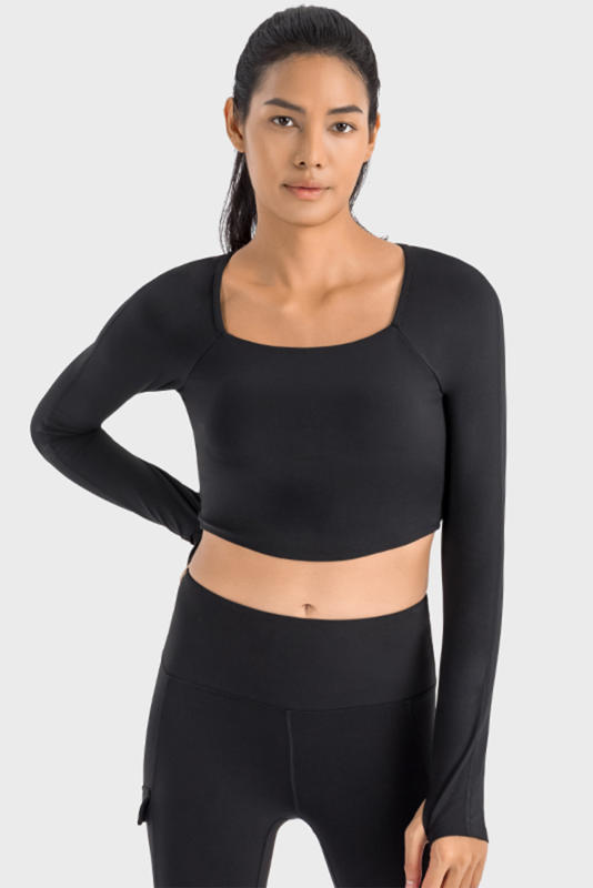 Black Square Neck Long Sleeve Padded Active Cropped Top