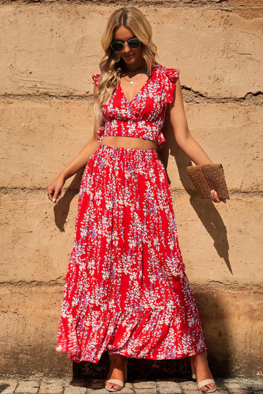Fiery Red Multicolor Floral Ruffled Crop Top and Maxi Skirt Set