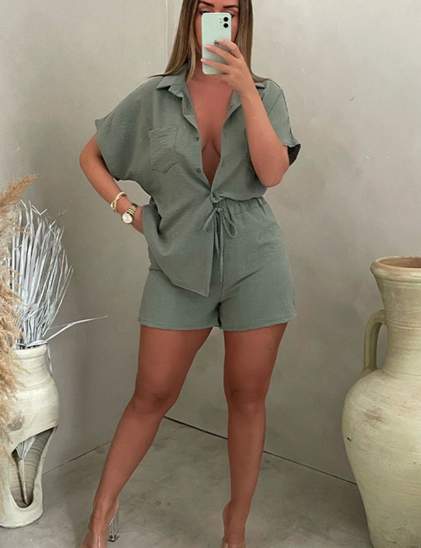Gray-Green Solid Color Button Shirt and Elastic Shorts Set