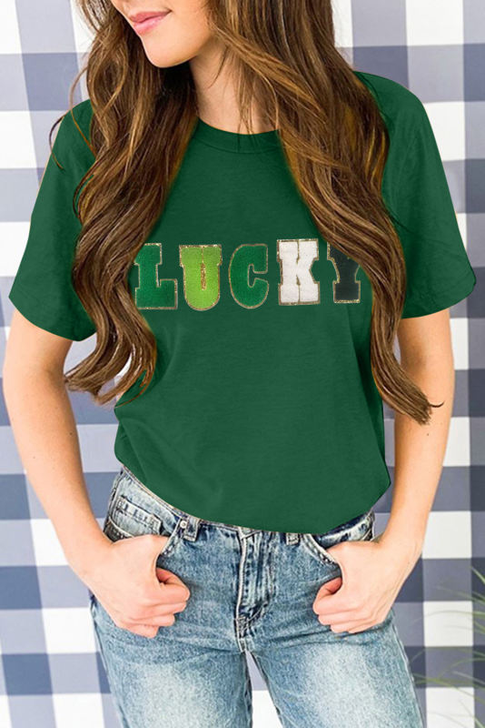 Green LUCKY Glitter Chenille Patched Crew Neck T Shirt