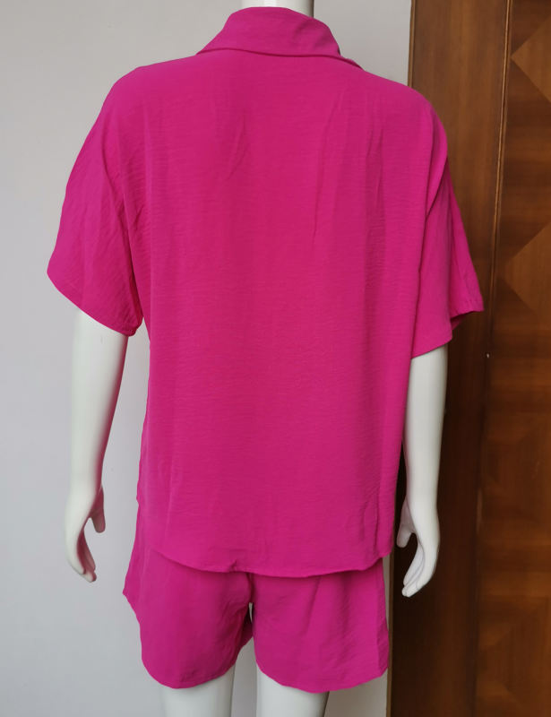 Dark Pink Solid Color Button Shirt and Elastic Shorts Set