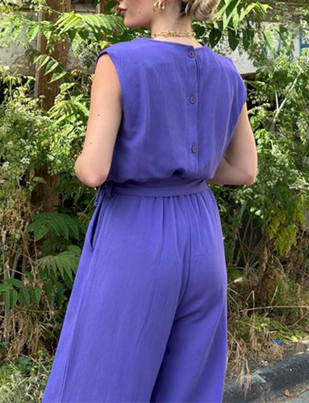 Blue-purple Sleeveless Tie Waist Pocket Jumpsuit