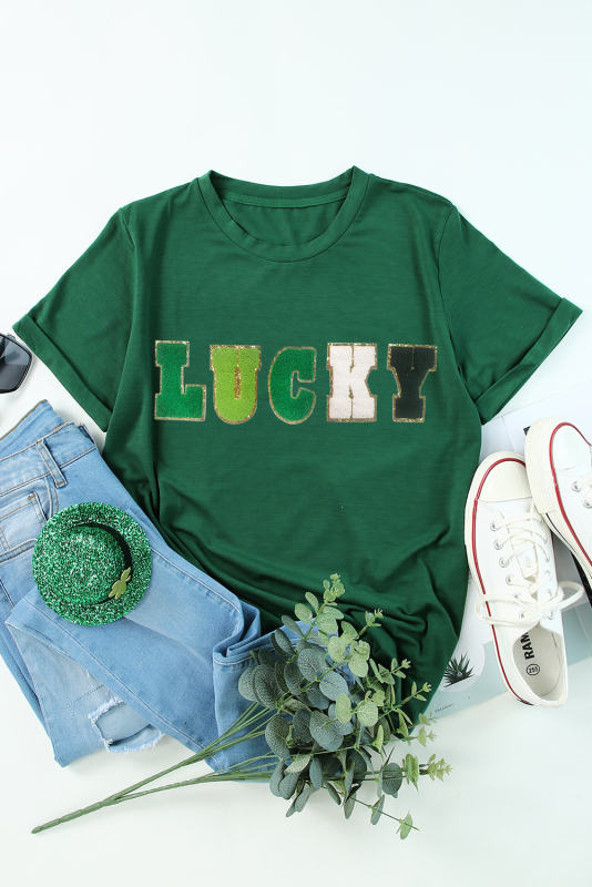 Green LUCKY Glitter Chenille Patched Crew Neck T Shirt