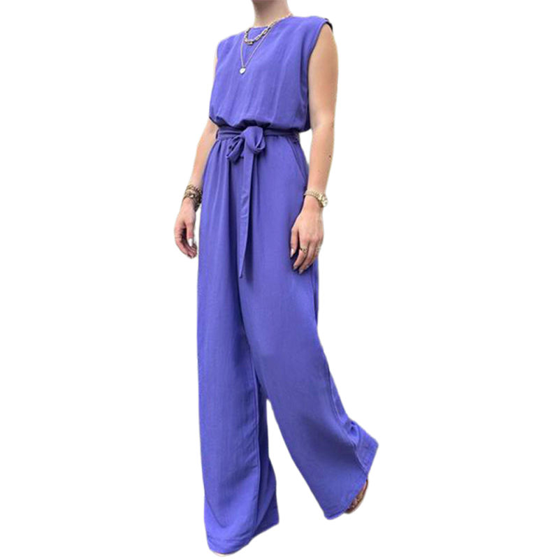 Blue-purple Sleeveless Tie Waist Pocket Jumpsuit