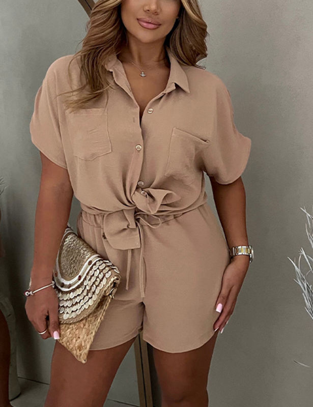 Light Coffee Solid Color Button Shirt and Elastic Shorts Set