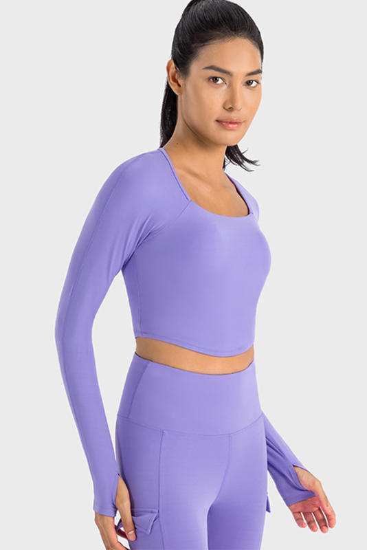 Lilac Square Neck Long Sleeve Padded Active Cropped Top