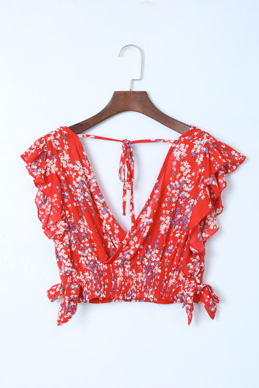 Fiery Red Multicolor Floral Ruffled Crop Top and Maxi Skirt Set