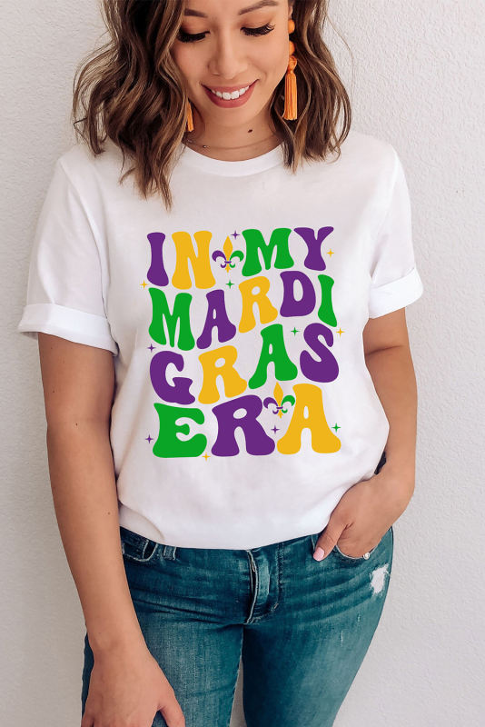 White Mardi Gras Slogan Print Crew Neck T Shirt