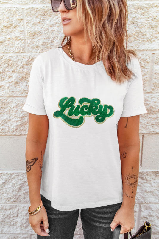 White St. Patrick Lucky Chenille Glitter Patched Graphic T Shirt
