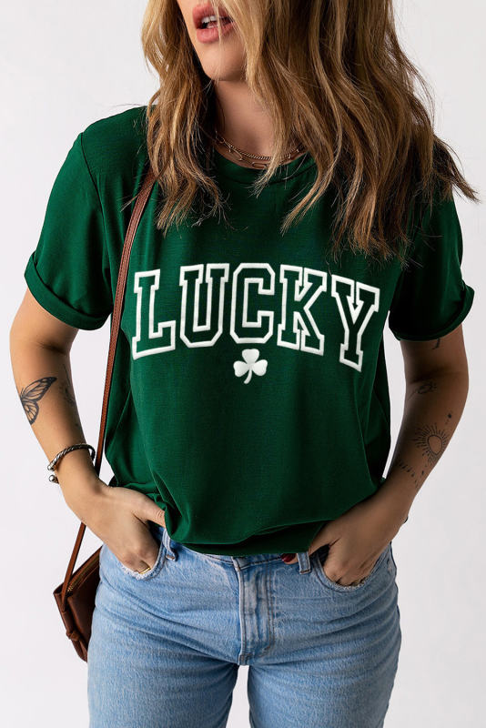 Green LUCKY Clover Puff Print Round Neck Casual T Shirt