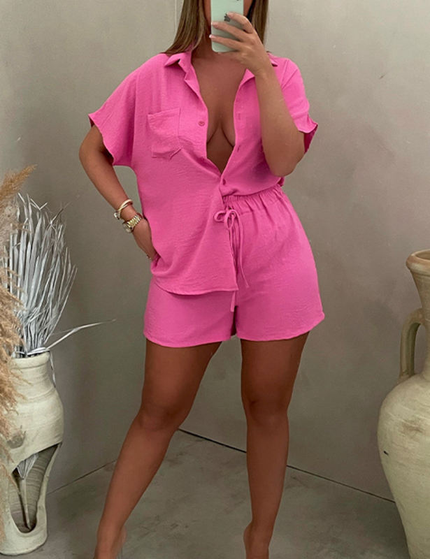 Dark Pink Solid Color Button Shirt and Elastic Shorts Set