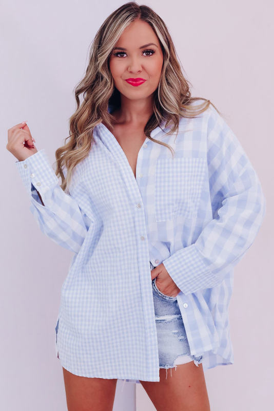 Sky Blue Mix Checked Patchwork Long Sleeve Shirt
