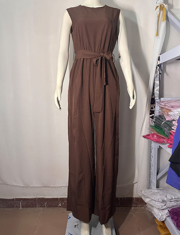 Brown Sleeveless Tie Waist Pocket Jumpsuit