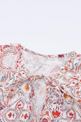 Fiery Red Vintage Boho Print Shirred Cuffs Blouse
