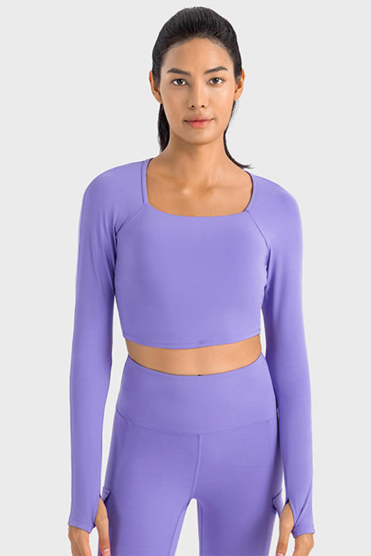 Lilac Square Neck Long Sleeve Padded Active Cropped Top