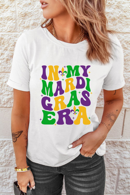 White Mardi Gras Slogan Print Crew Neck T Shirt