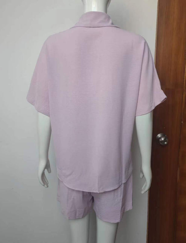 Pink Solid Color Button Shirt and Elastic Shorts Set