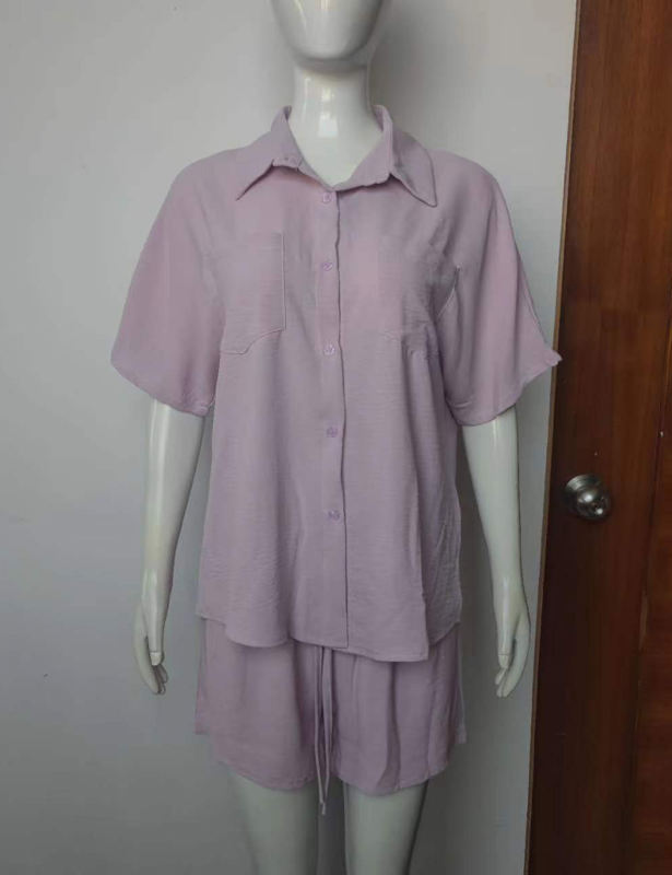 Pink Solid Color Button Shirt and Elastic Shorts Set