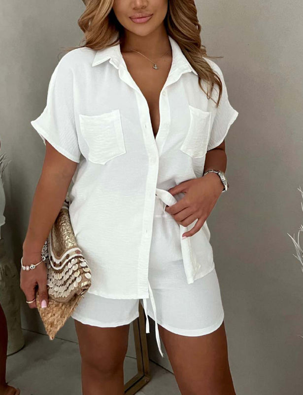 White Solid Color Button Shirt and Elastic Shorts Set