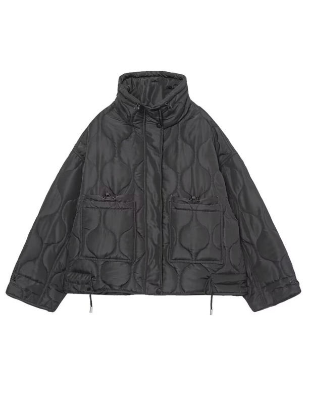 Black Stand Collar Quilted Pocket Coat