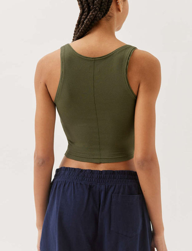 Army Green Ribbed Square Neck Sleeveless Tank Top