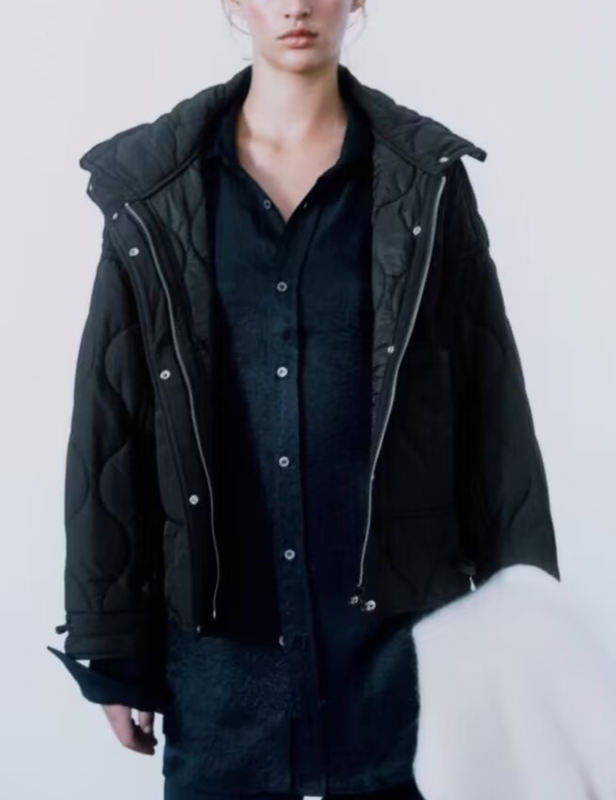 Black Stand Collar Quilted Pocket Coat