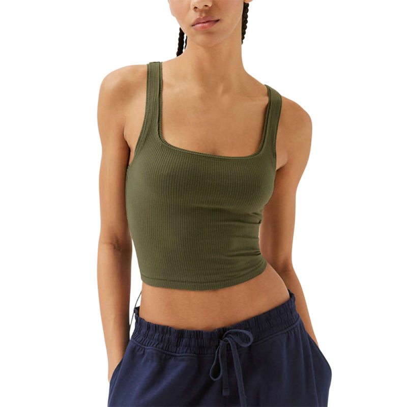 Army Green Ribbed Square Neck Sleeveless Tank Top