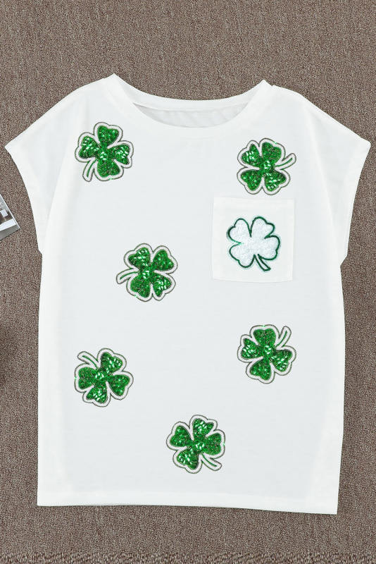 White Sequin St Patrick Clover Patch Pocket Loose Tee