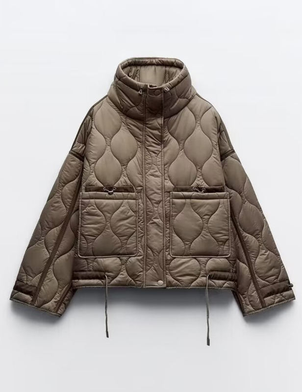 Khaki Stand Collar Quilted Pocket Coat
