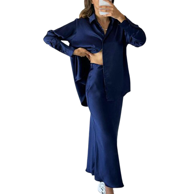 Navy Blue Satin Long Sleeve Shirt and High Waist Skirt Set