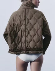 Khaki Stand Collar Quilted Pocket Coat