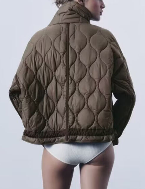 Khaki Stand Collar Quilted Pocket Coat