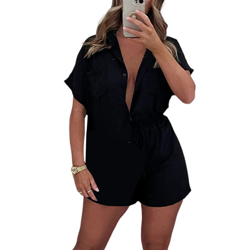Black Solid Color Button Shirt and Elastic Shorts Set