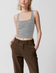 Spend Gray Ribbed Square Neck Sleeveless Tank Top