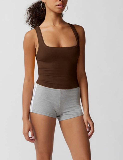 Coffee Ribbed Square Neck Sleeveless Tank Top