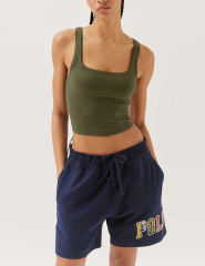 Army Green Ribbed Square Neck Sleeveless Tank Top