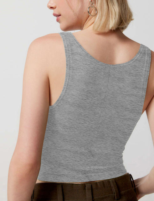 Spend Gray Ribbed Square Neck Sleeveless Tank Top